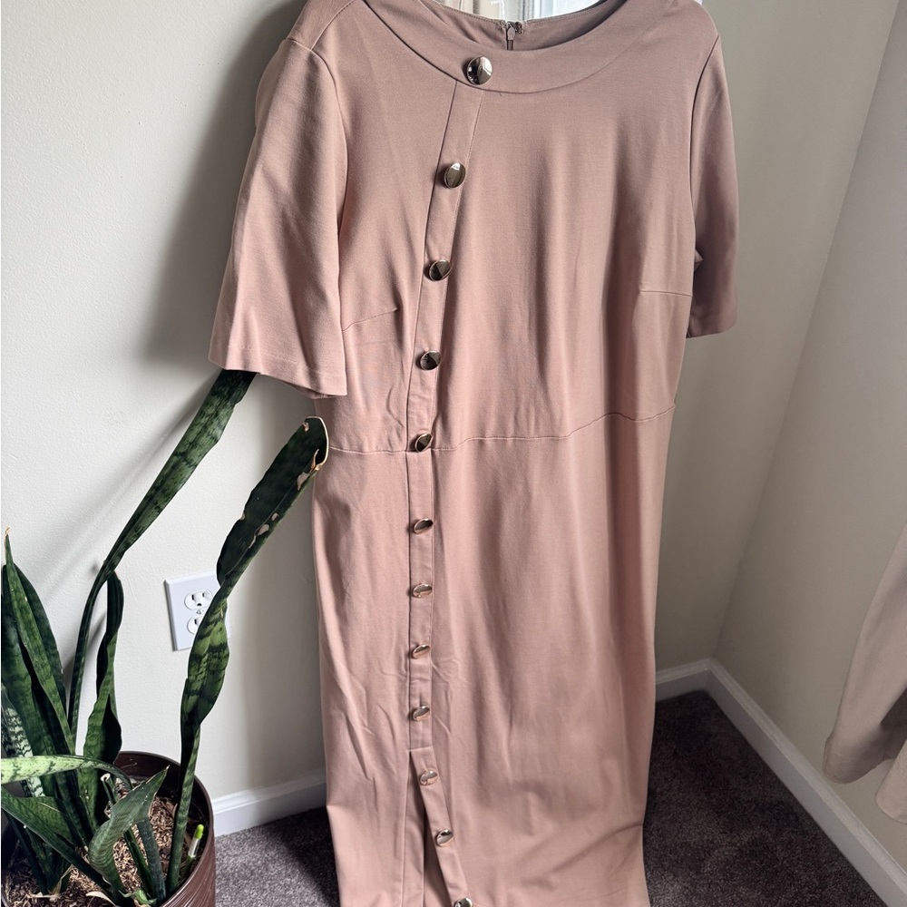 Elegant Button-Down Tan Work or Church Dress